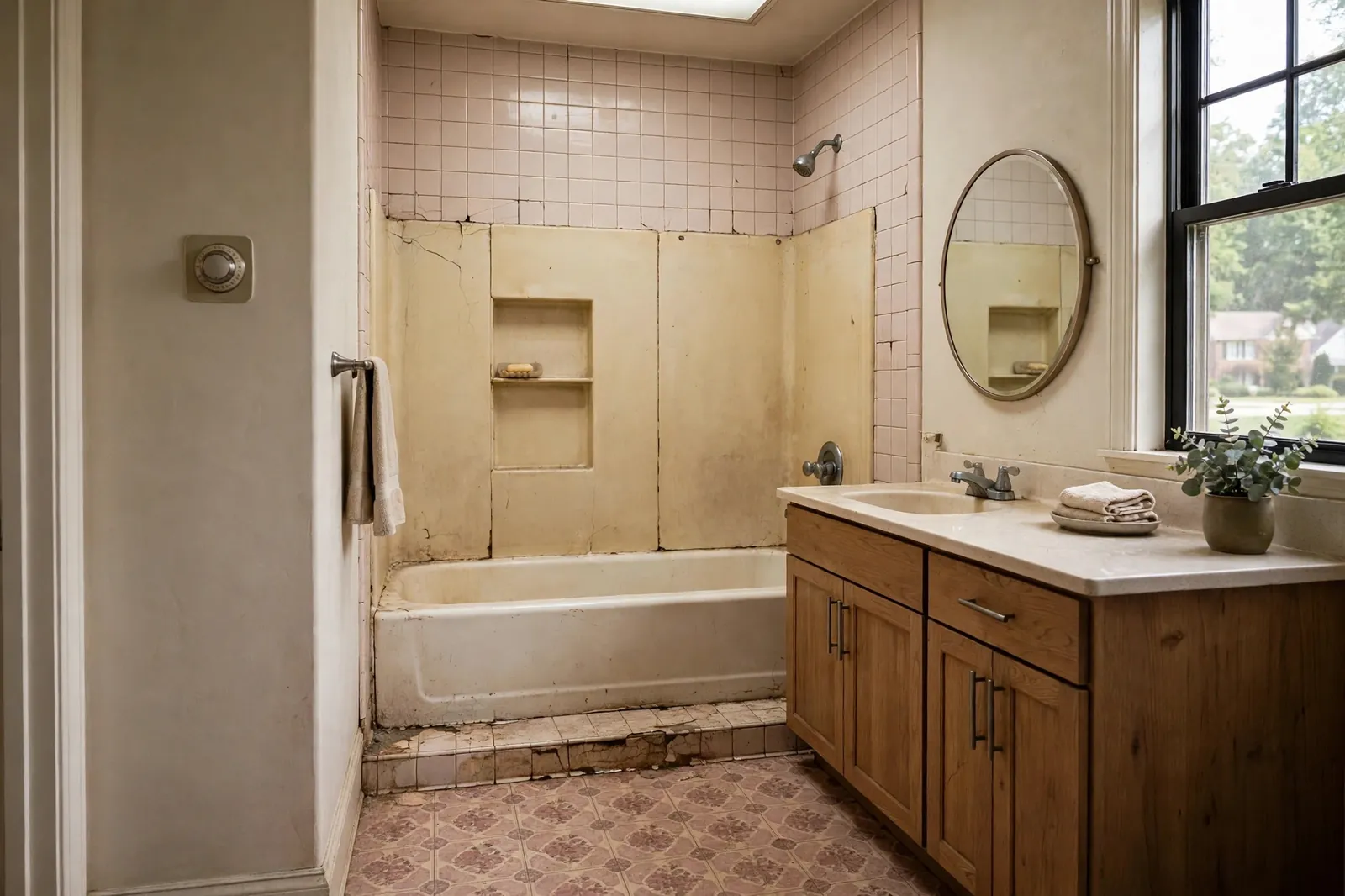 Before photo,  Tile-Led Full Bathroom Remodel in Bannister, by Waldorf Bathroom Remodeling Company
